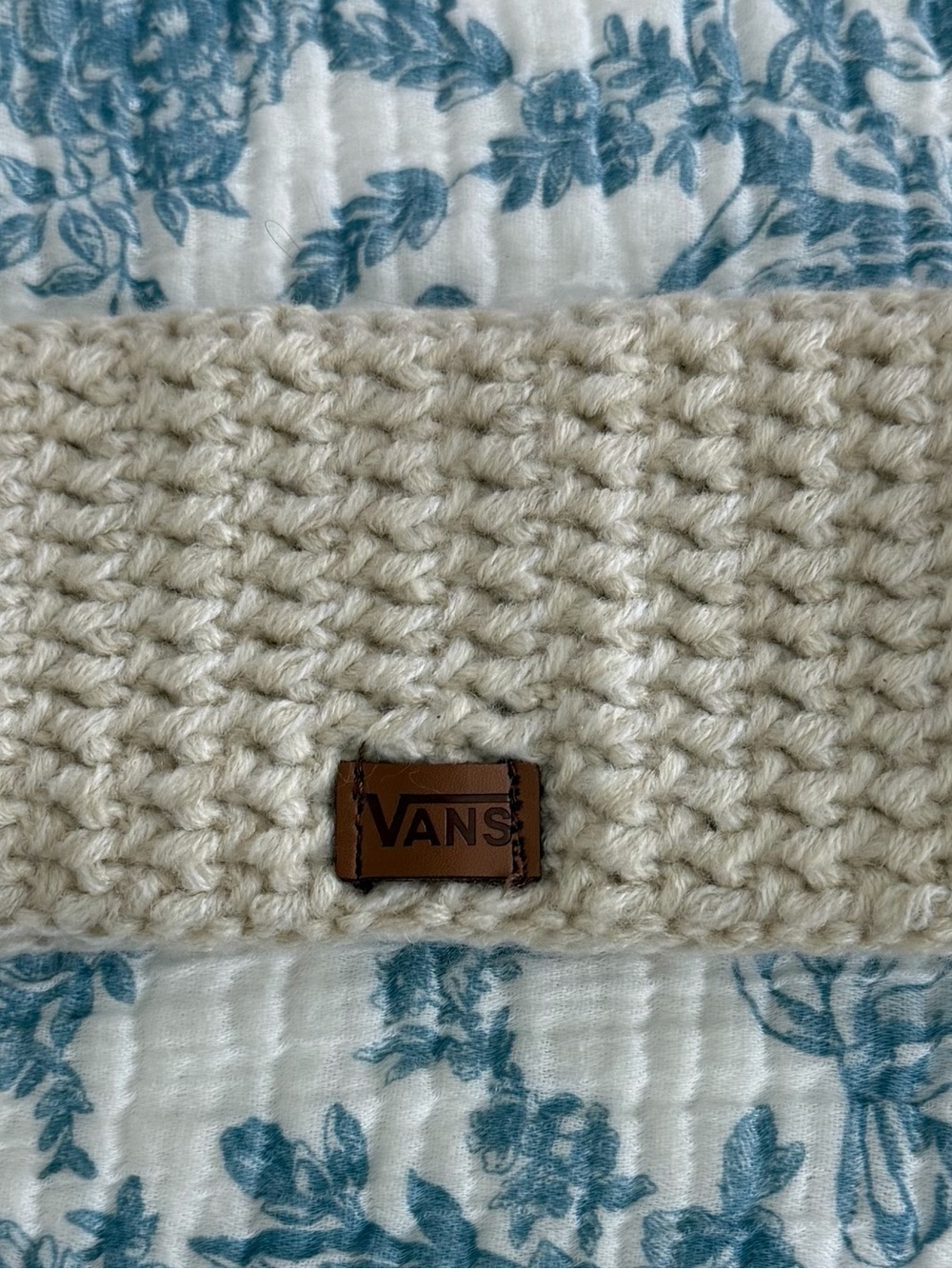 Vans Cream Knit Beanie with Brown Leather Logo